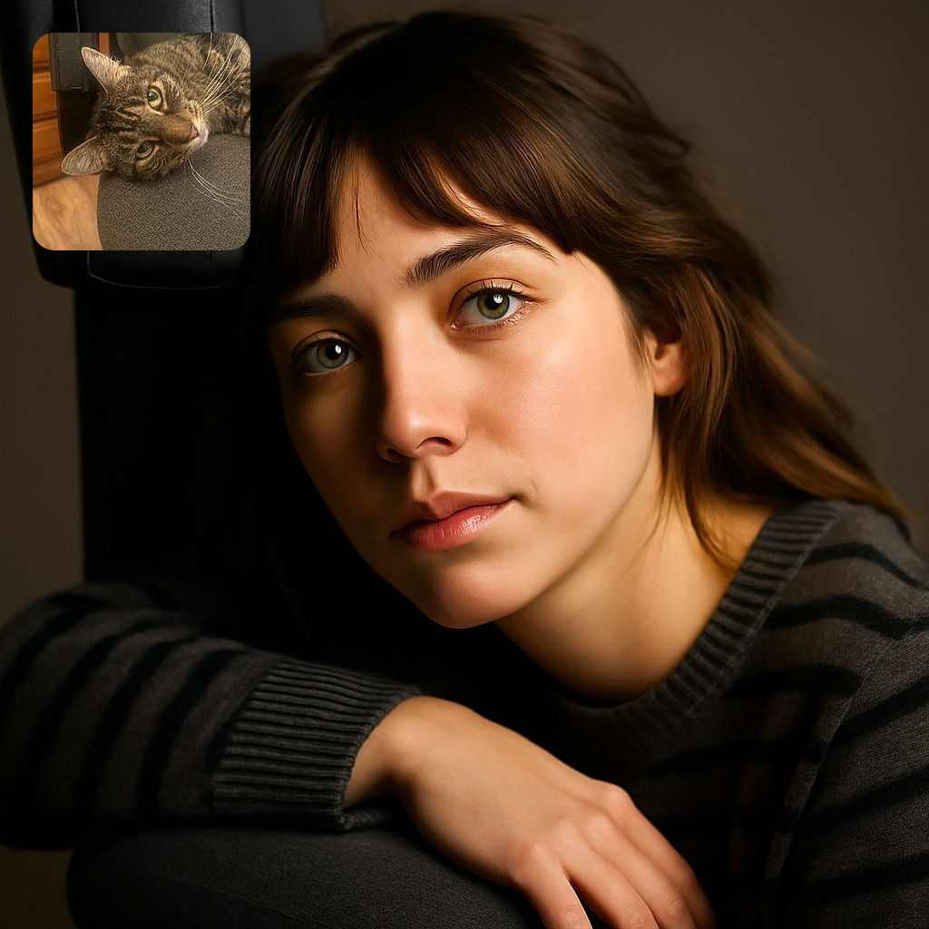 A close-up of a tabby cat lounging comfortably on a gray fabric chair, its green eyes gazing softly at the camera with a relaxed vibe, set against a warm wooden floor and furniture background.