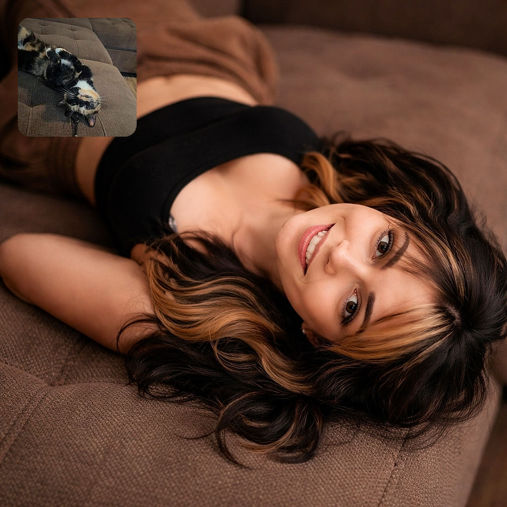 A fluffy calico cat lounges upside down on a brown tufted couch, looking adorably confused and relaxed with a little charm hanging nearby, as if plotting a cozy takeover of the sofa.
