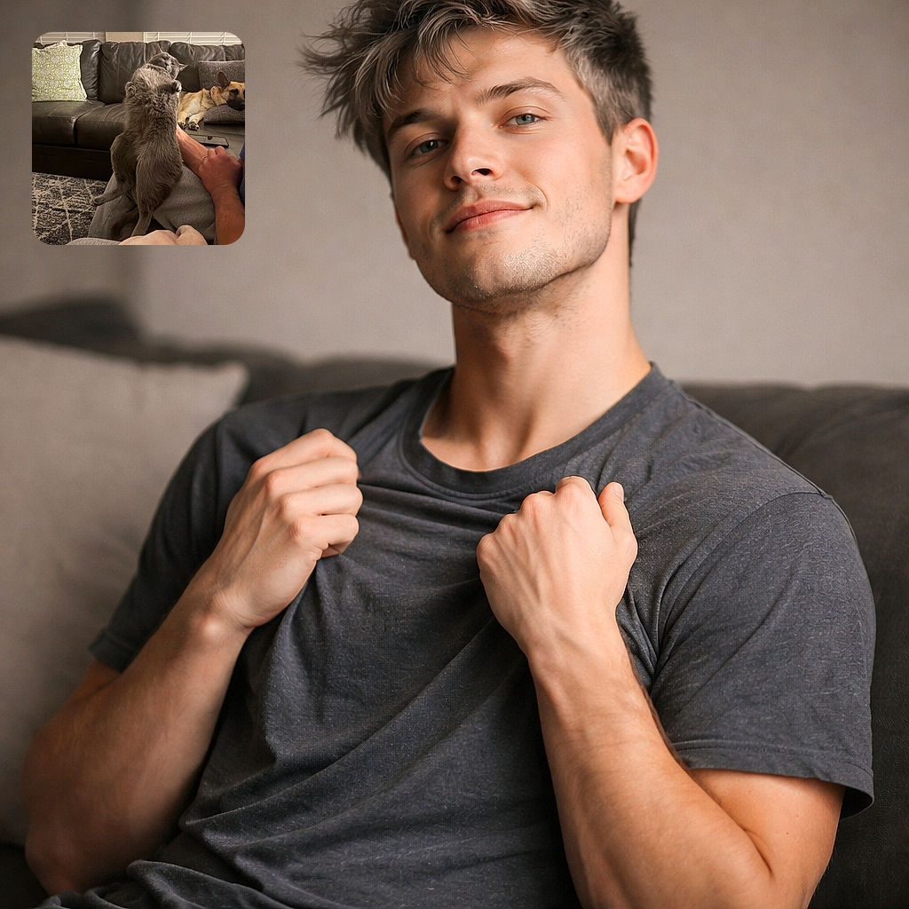 A fluffy gray cat sits upright on someone's lap like a tiny, judgmental king while a sleepy dog lounges on the couch behind it and a person's profile peeks in from the right — cozy living-room vibes and unbothered pets stealing the show.