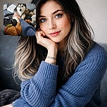 A wide‑eyed husky with hypnotic blue eyes lounges on a couch, clutching a human's tattooed hand while surrounded by fluffy blankets and plush toys — clearly plotting snack time or world domination.