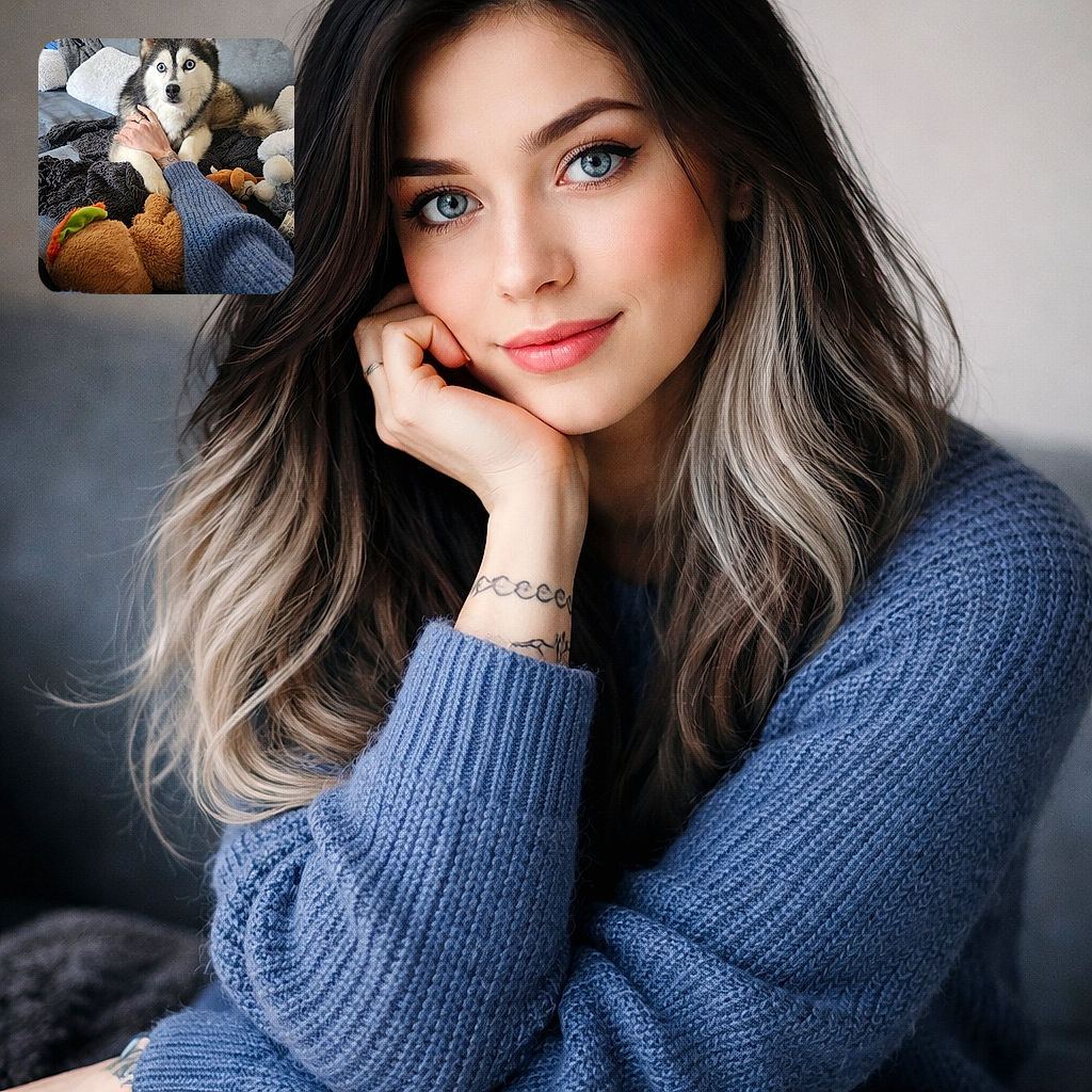 A wide‑eyed husky with hypnotic blue eyes lounges on a couch, clutching a human's tattooed hand while surrounded by fluffy blankets and plush toys — clearly plotting snack time or world domination.