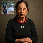 A wet black dog wearing a bright orange collar sits patiently on a sandy riverbank. The calm water behind reflects the greenery of lush trees and a peaceful forested background, creating a serene outdoor scene.