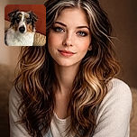 A charming Australian Shepherd with striking heterochromia gazes intently at the camera, its fluffy white chest contrasting beautifully against a warm terracotta background and a cozy quilted beige cushion.