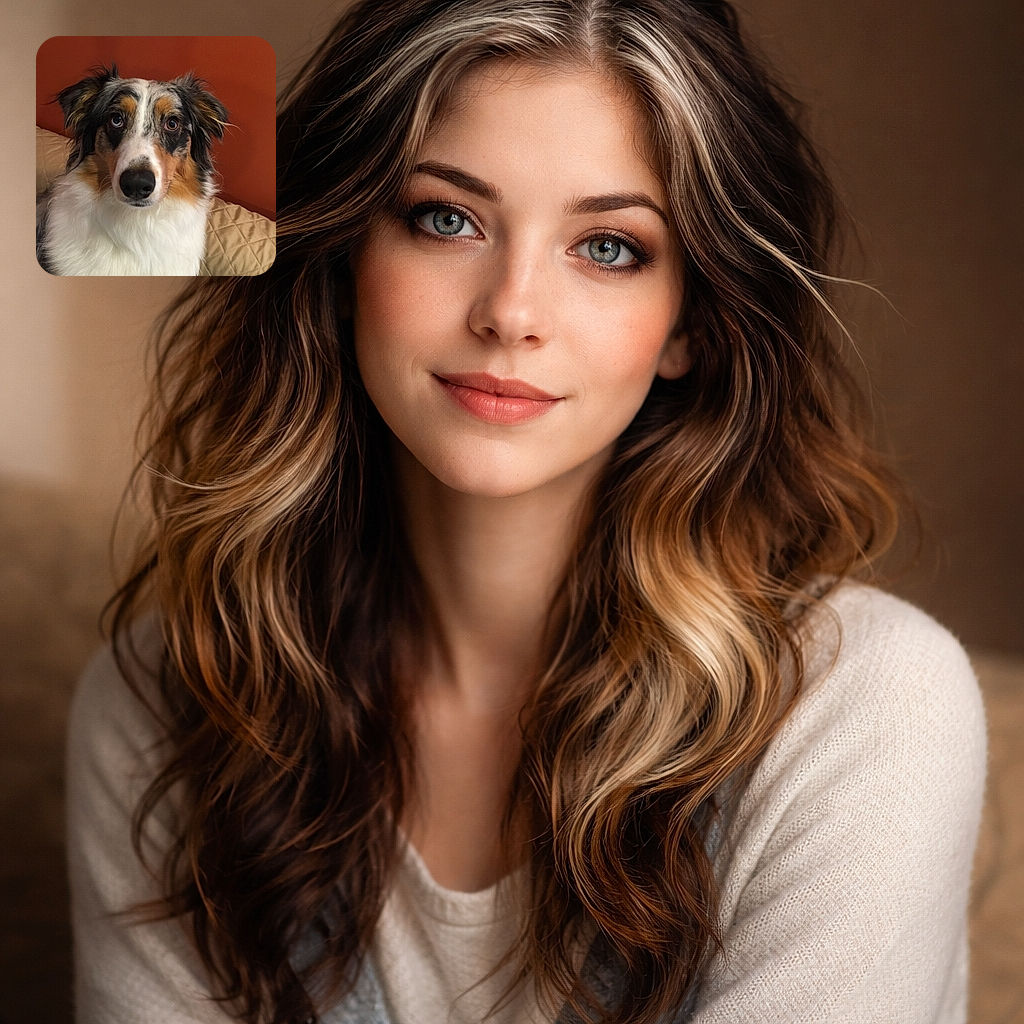 A charming Australian Shepherd with striking heterochromia gazes intently at the camera, its fluffy white chest contrasting beautifully against a warm terracotta background and a cozy quilted beige cushion.