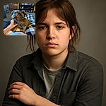 A cozy scene featuring a fluffy brown dog comfortably resting on a black and white checkered blanket, with a hand gently petting it. In the background, a TV screen displays a man's face, adding a casual homey vibe to the photo.