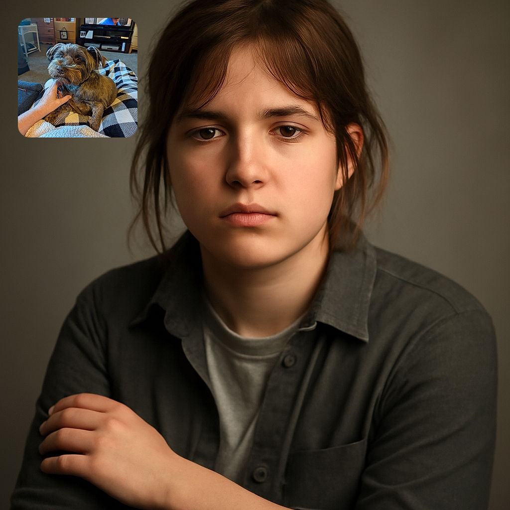 A cozy scene featuring a fluffy brown dog comfortably resting on a black and white checkered blanket, with a hand gently petting it. In the background, a TV screen displays a man's face, adding a casual homey vibe to the photo.