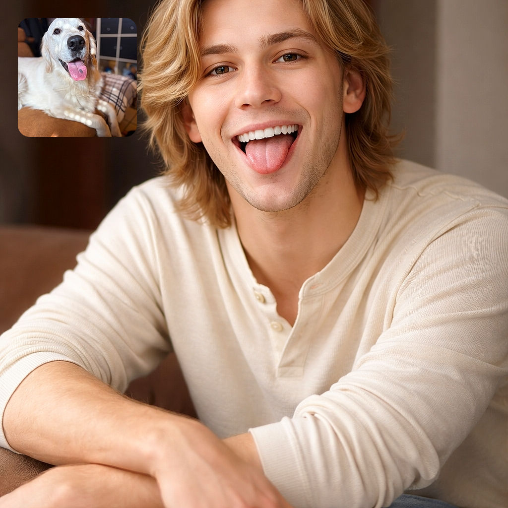 A gleeful golden retriever hogs the frame, nose and tongue front-and-center (complete with a dramatic dark spot), lounging on a couch with a cozy plaid blanket and a softly blurred living-room backdrop—looks like it's auditioning for "Goodest Boy of the Year."