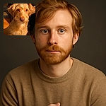 A close-up of a scruffy, golden-brown dog with soulful eyes staring directly at the camera, its fur glowing warmly in soft indoor lighting with a cozy room background.