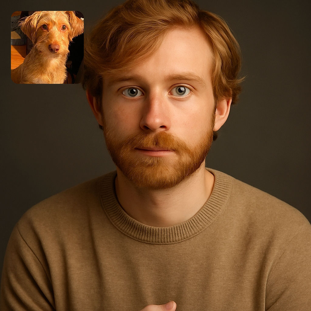 A close-up of a scruffy, golden-brown dog with soulful eyes staring directly at the camera, its fur glowing warmly in soft indoor lighting with a cozy room background.