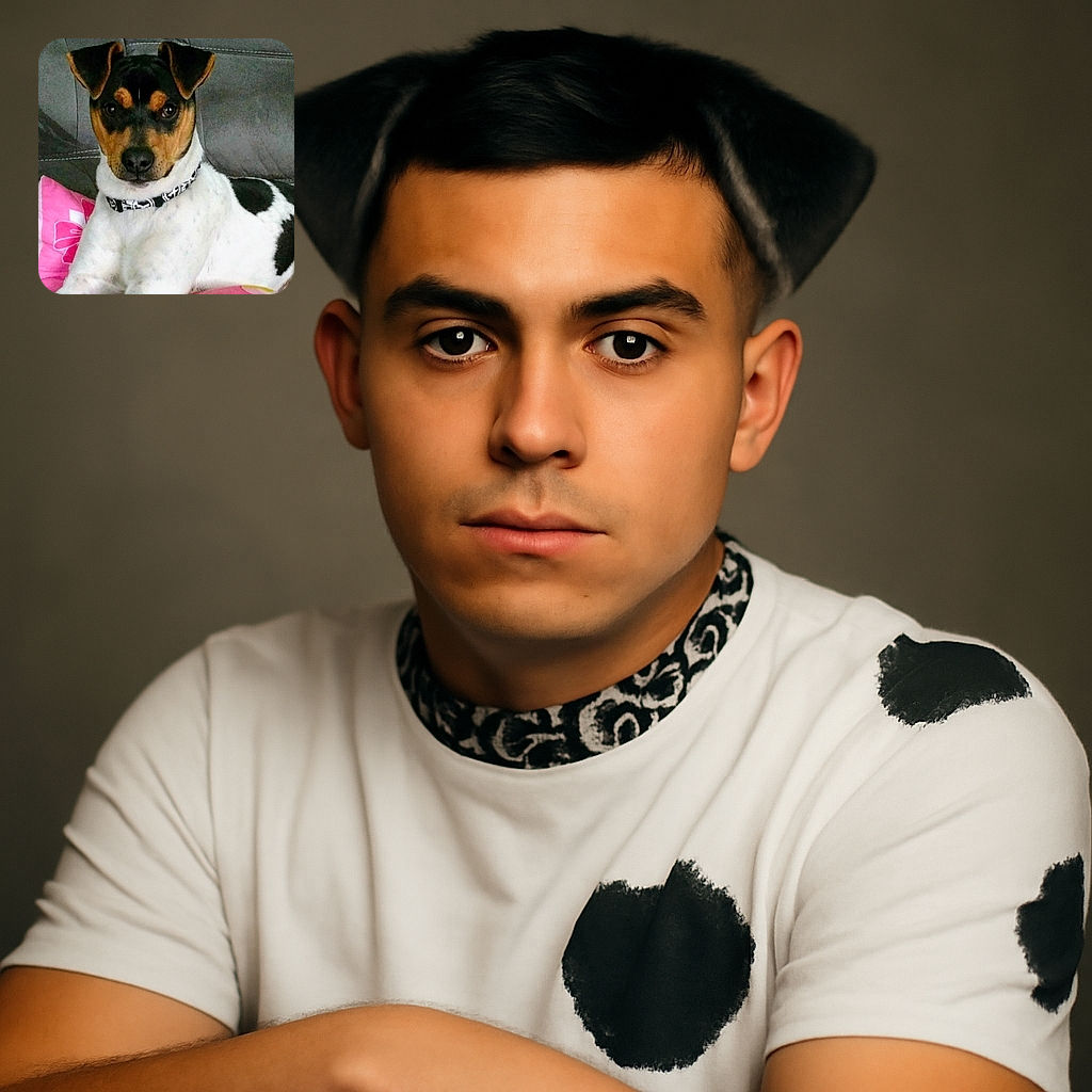 A charming dog with a black, brown, and white coat lounges comfortably on a couch, resting against a pink pillow with a floral design. The dog wears a black and white patterned collar and gazes attentively at the camera with soulful eyes, while the background features a gray couch with visible stitching.