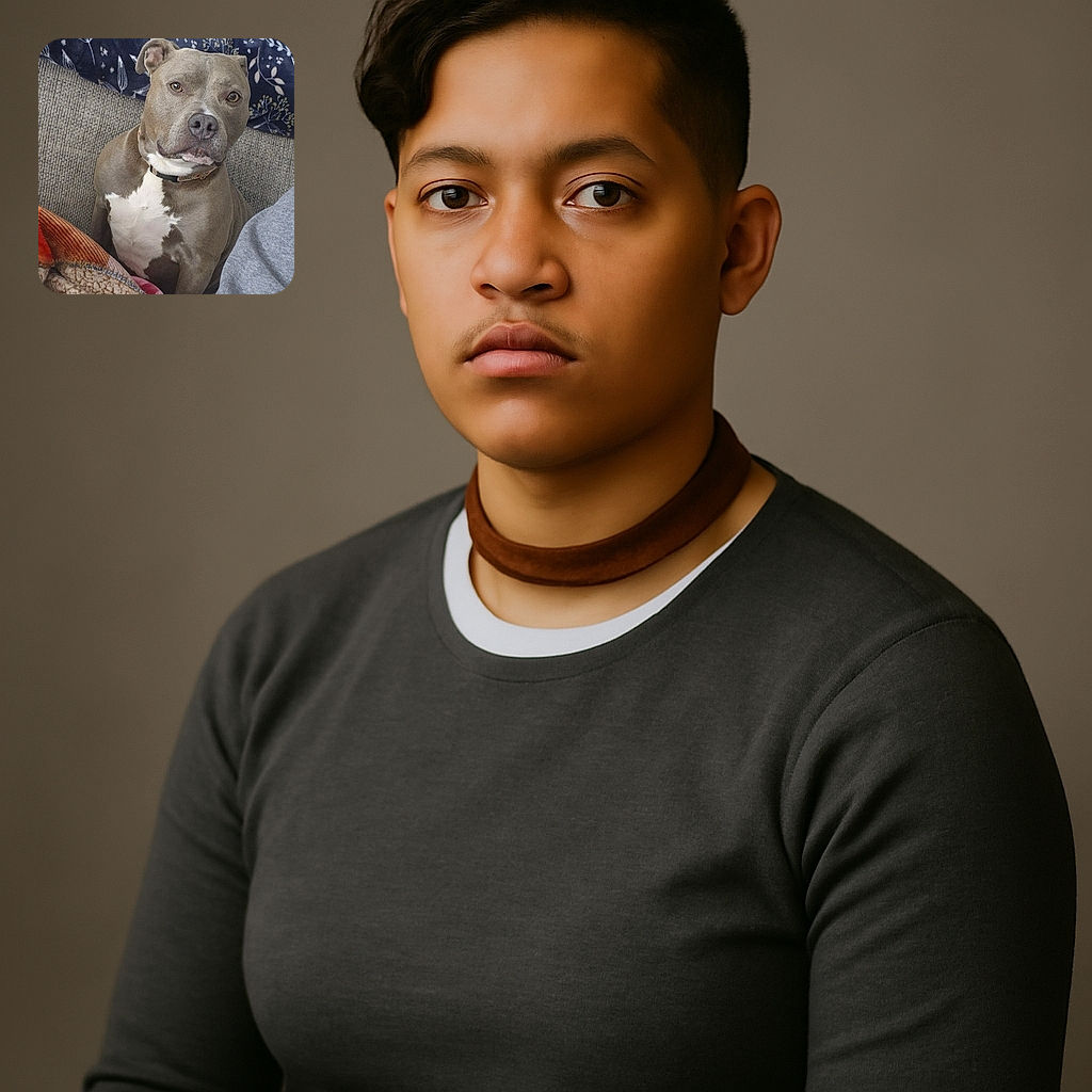A serious-looking pitbull sits attentively on a cozy couch surrounded by a mix of patterned and fluffy blankets, with a decorative mirror and wall art in the background, ready to steal the spotlight with its soulful eyes.