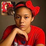 A sweet dog wearing a bright red shirt and matching headband lounges on a cozy bed, looking up with soulful eyes that say 'just five more minutes of rest, please!' The warm lighting highlights the dog's fur and the vivid red outfit, creating a charming and heartwarming scene.