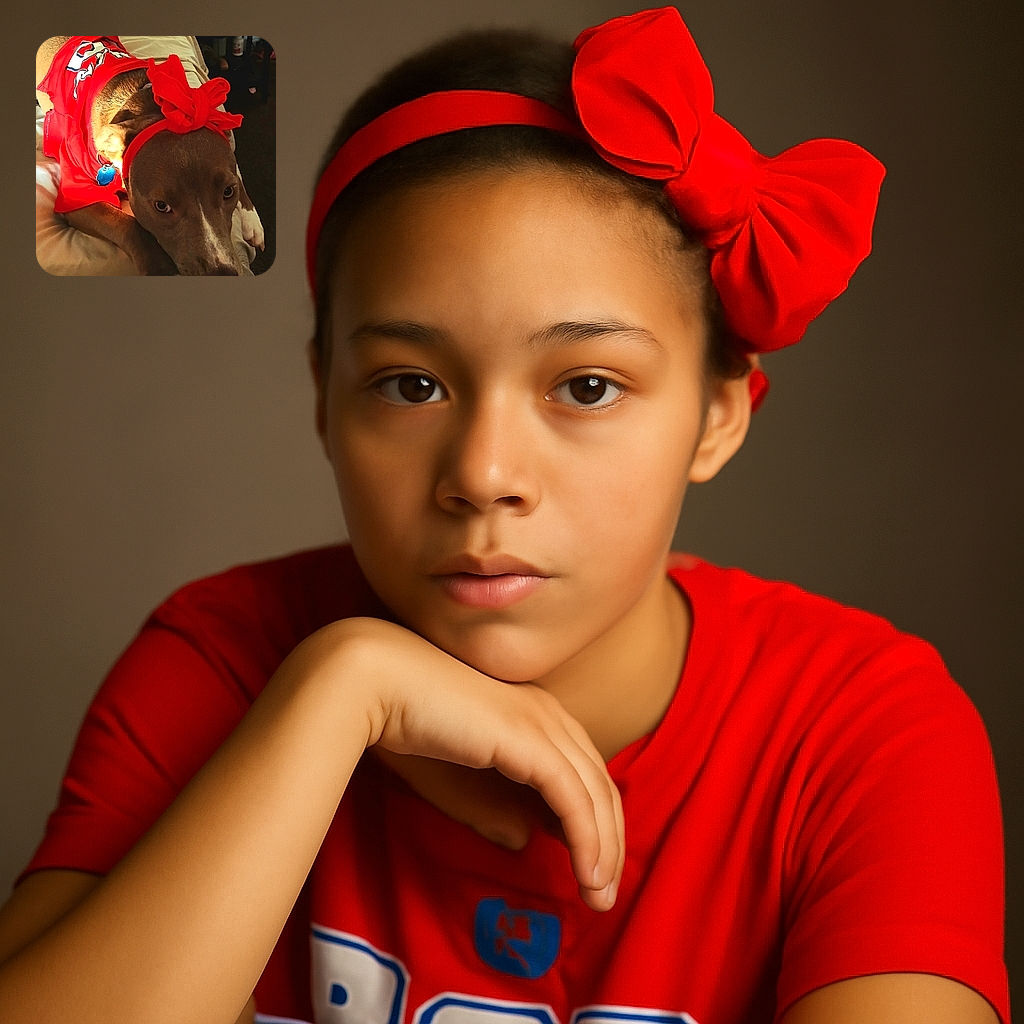 A sweet dog wearing a bright red shirt and matching headband lounges on a cozy bed, looking up with soulful eyes that say 'just five more minutes of rest, please!' The warm lighting highlights the dog's fur and the vivid red outfit, creating a charming and heartwarming scene.