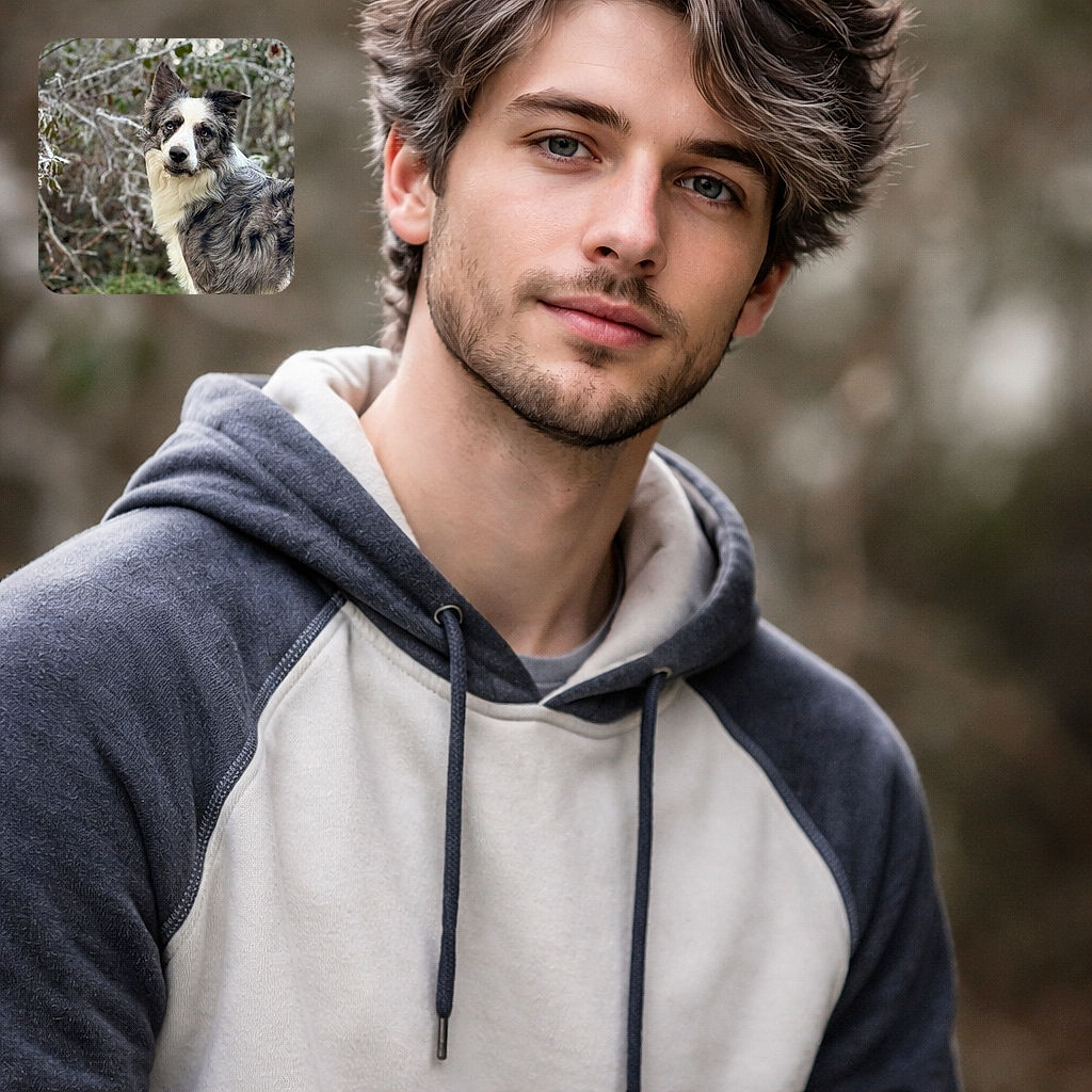 A majestic Border Collie with a striking blue and brown eye, standing alert in a frosty outdoor setting with branches covered in ice, showcasing its fluffy fur and inquisitive expression.
