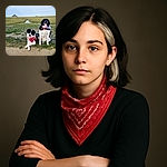 Two happy black and white dogs wearing colorful bandanas pose in front of a wire fence with a vast green field and a distant historic castle-like structure under a clear blue sky.