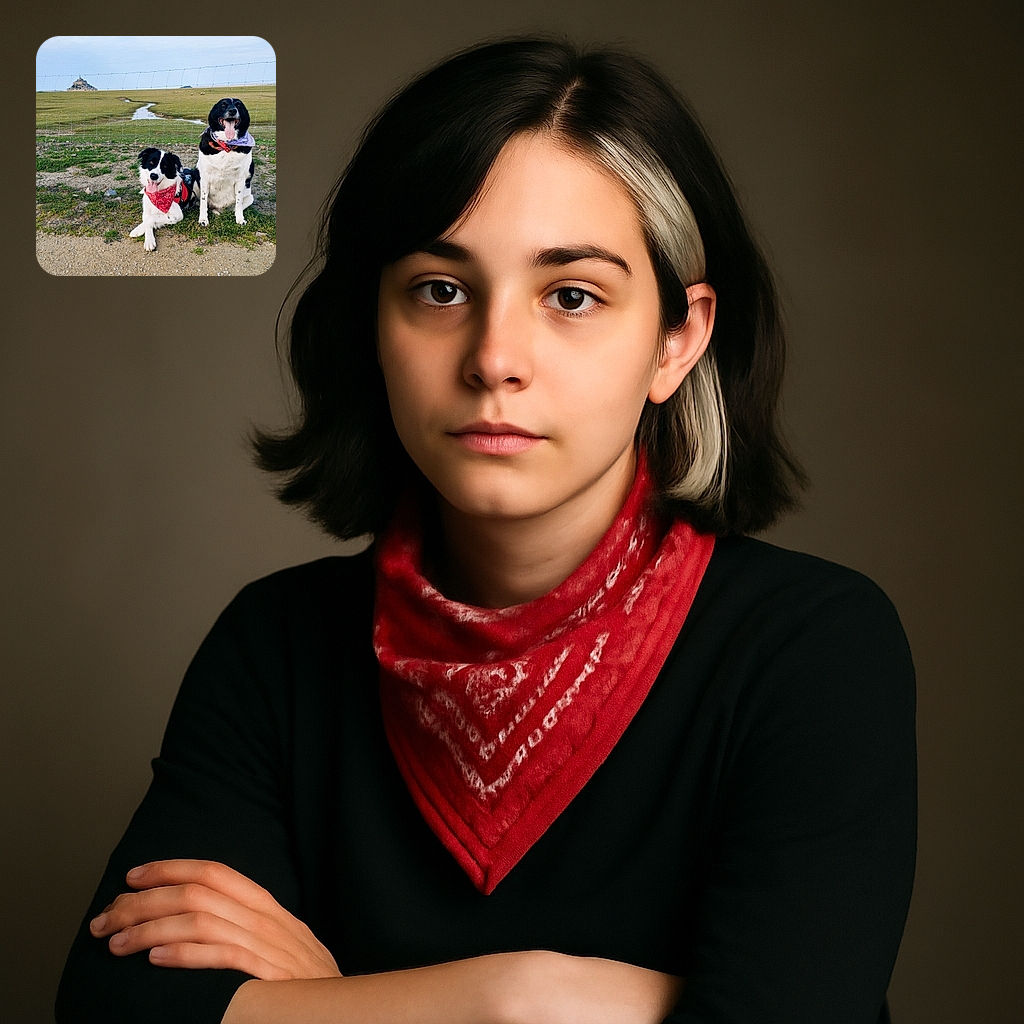 Two happy black and white dogs wearing colorful bandanas pose in front of a wire fence with a vast green field and a distant historic castle-like structure under a clear blue sky.