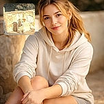 A dog is lounging lazily on a sunlit stone surface next to a rustic wall, basking in the warm glow of the day. The image has a painterly, slightly blurred effect that makes it look like a digital painting rather than a sharp photograph.