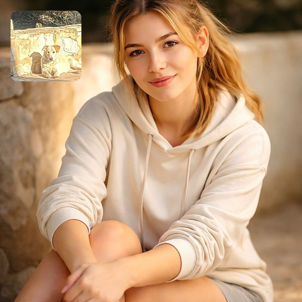 A dog is lounging lazily on a sunlit stone surface next to a rustic wall, basking in the warm glow of the day. The image has a painterly, slightly blurred effect that makes it look like a digital painting rather than a sharp photograph.