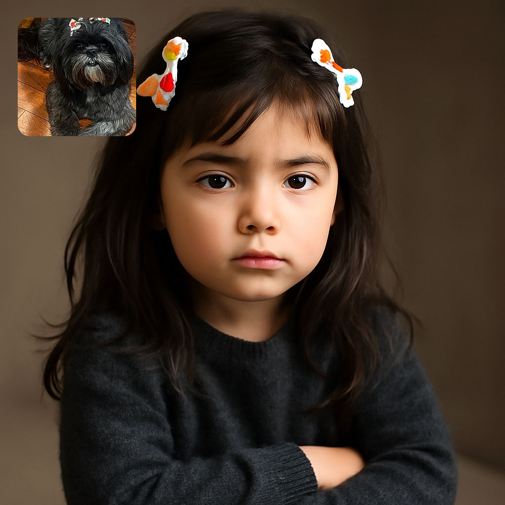 A fluffy black dog with white markings lounges on a shiny wooden floor, sporting two festive bows on its head. The dog looks curious and slightly amused, with a cozy chair leg visible in the background.