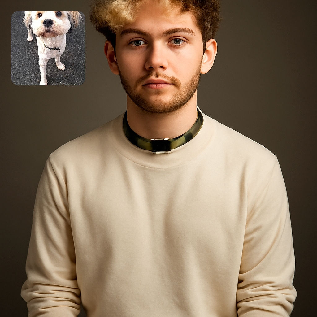 A fluffy cream-colored dog with a slightly blurred wagging tail looks up with big, curious eyes on a textured pavement background, capturing a moment of playful anticipation.