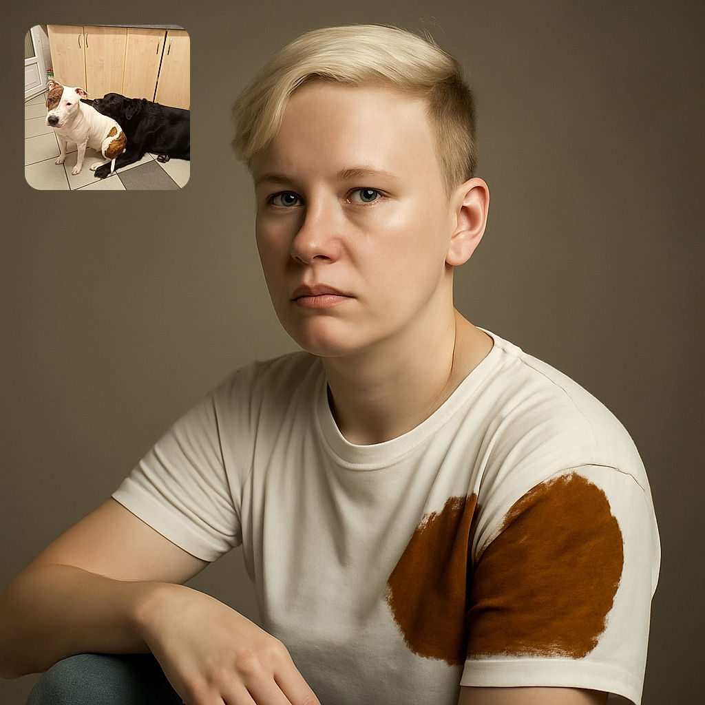 Two adorable dogs chilling in a cozy kitchen; one white with brown patches sitting upright while the black dog lounges nearby, both sharing a calm and friendly moment on the tiled floor.