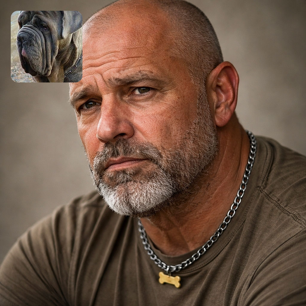 A solemn, ultra-wrinkled mastiff stares contemplatively off-camera like an ancient philosopher at the beach — massive jowls, chain collar with a bone tag, and a textured shoreline and water softly blurred behind him.