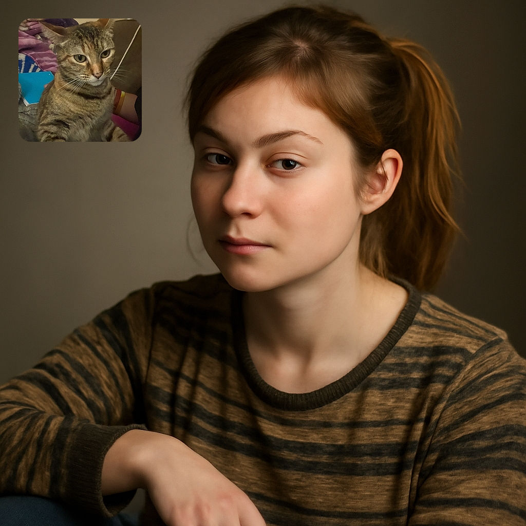 A curious tabby cat with striking green eyes sits attentively indoors, surrounded by cozy blankets and a notebook, ready to pounce on any nearby adventure or nap opportunity.