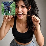 A playful black and white puppy with oversized ears proudly carries a stick in its mouth, standing on a patch of green grass with some scattered brown leaves, ready for an adventurous game.