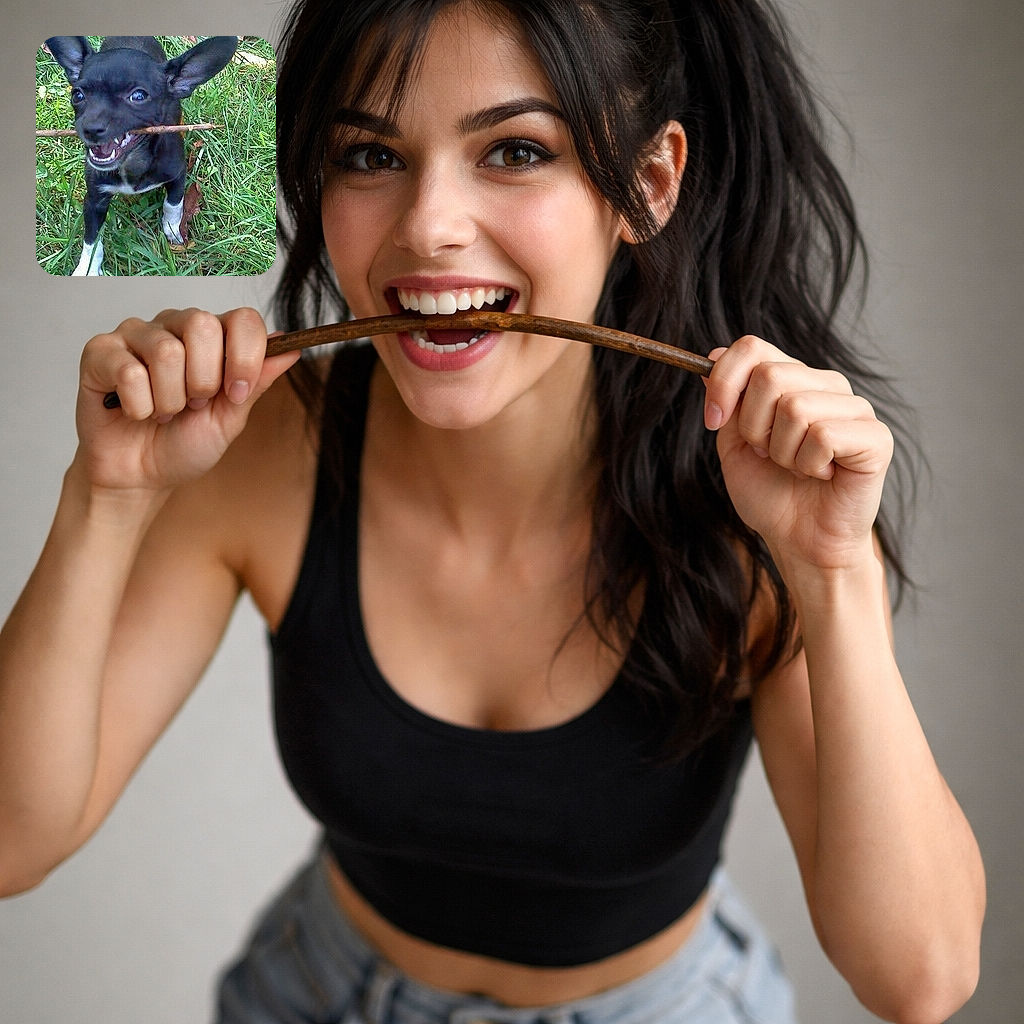 A playful black and white puppy with oversized ears proudly carries a stick in its mouth, standing on a patch of green grass with some scattered brown leaves, ready for an adventurous game.