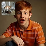 A lively orange and white kitten is caught mid-meow while perched on the edge of a metal food bowl filled with kibble, with a slightly wrinkled patterned cloth backdrop and a tiled floor beneath.