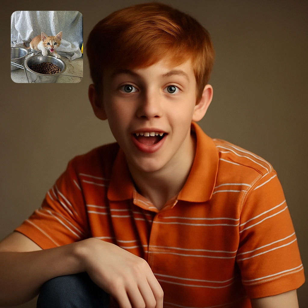 A lively orange and white kitten is caught mid-meow while perched on the edge of a metal food bowl filled with kibble, with a slightly wrinkled patterned cloth backdrop and a tiled floor beneath.