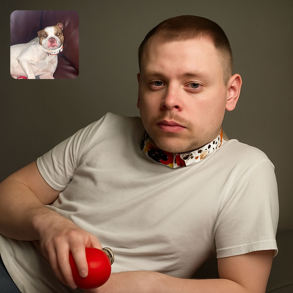 A laid-back dog chilling on a worn-out leather couch, clutching a red toy ball with a look that says, 'I own this couch and this toy, deal with it.'
