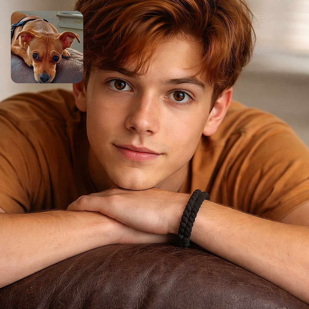 A tiny brown pup draped over the back of a leather couch, giving the camera the most sincere "please-scratch-my-belly" stare. Big shiny eyes, floppy ears, harness strap peeking, and a sunlit window with blinds and a slightly scuffed wall in the background — pure canine drama and demand.
