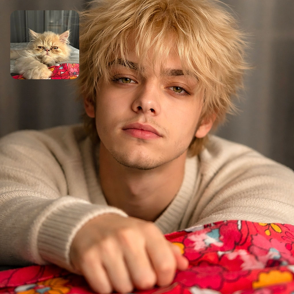 A grumpy little floof lounges like tiny royalty — one paw stretched toward a colorful blanket, half-lidded eyes judging your life choices while a soft curtain bokeh provides the dramatic backdrop.