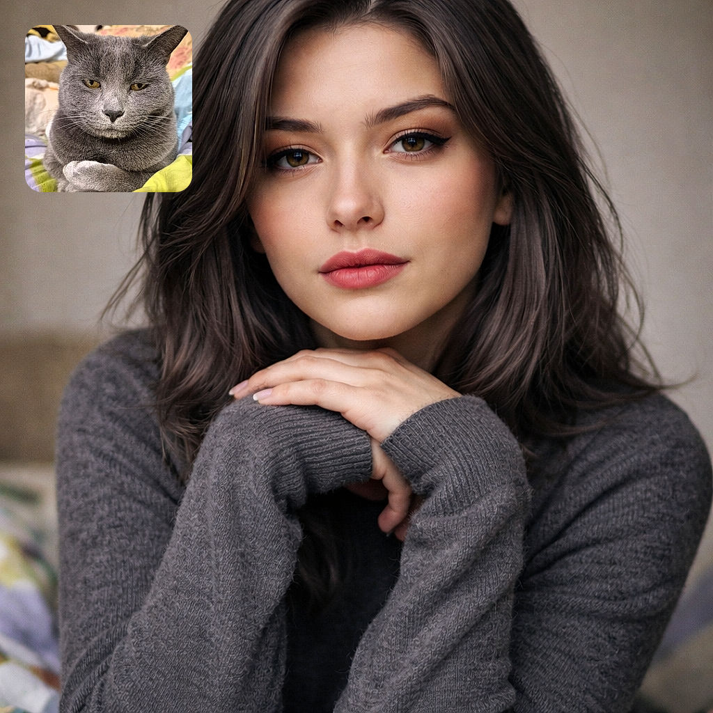 A majestic gray cat lounges with its paws crossed like a tiny furry CEO, eyes half-closed in a look of supreme judgment and comfort, surrounded by a cozy mix of colorful blankets and soft-focus background.