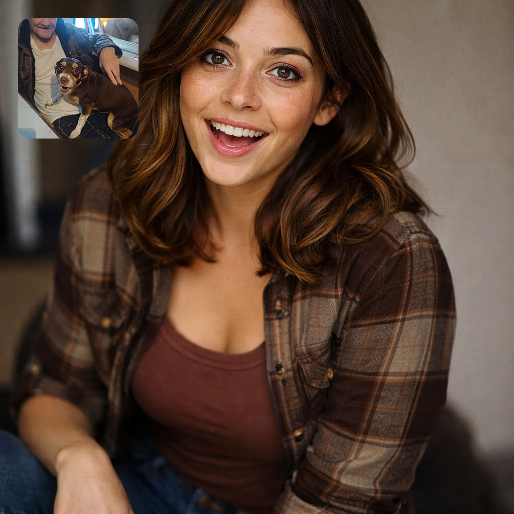 A wide-eyed brown dog perches on a man's lap, grinning like it just told a joke while the man looks on with a bemused smile; colorful plush characters peek from the background, giving the cozy, slightly chaotic living-room scene extra charm.