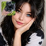 A charming dog with heterochromia (one blue eye, one brown eye) is being gently held by a hand, looking up with adorable curiosity against a vibrant green grass background. The dog's ears are perked up, and the photo captures a playful yet tender moment outdoors.