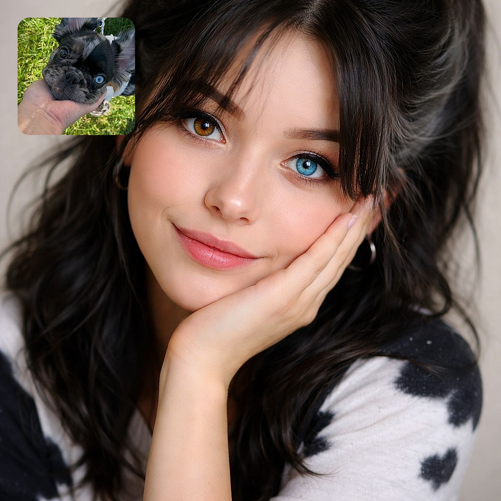 A charming dog with heterochromia (one blue eye, one brown eye) is being gently held by a hand, looking up with adorable curiosity against a vibrant green grass background. The dog's ears are perked up, and the photo captures a playful yet tender moment outdoors.