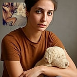 A cozy photo of a dog lying on a bed next to a fluffy stuffed animal, with the dog giving a soulful look to the camera. The photo includes phone UI elements and a music track overlay at the top, adding a casual, candid vibe.