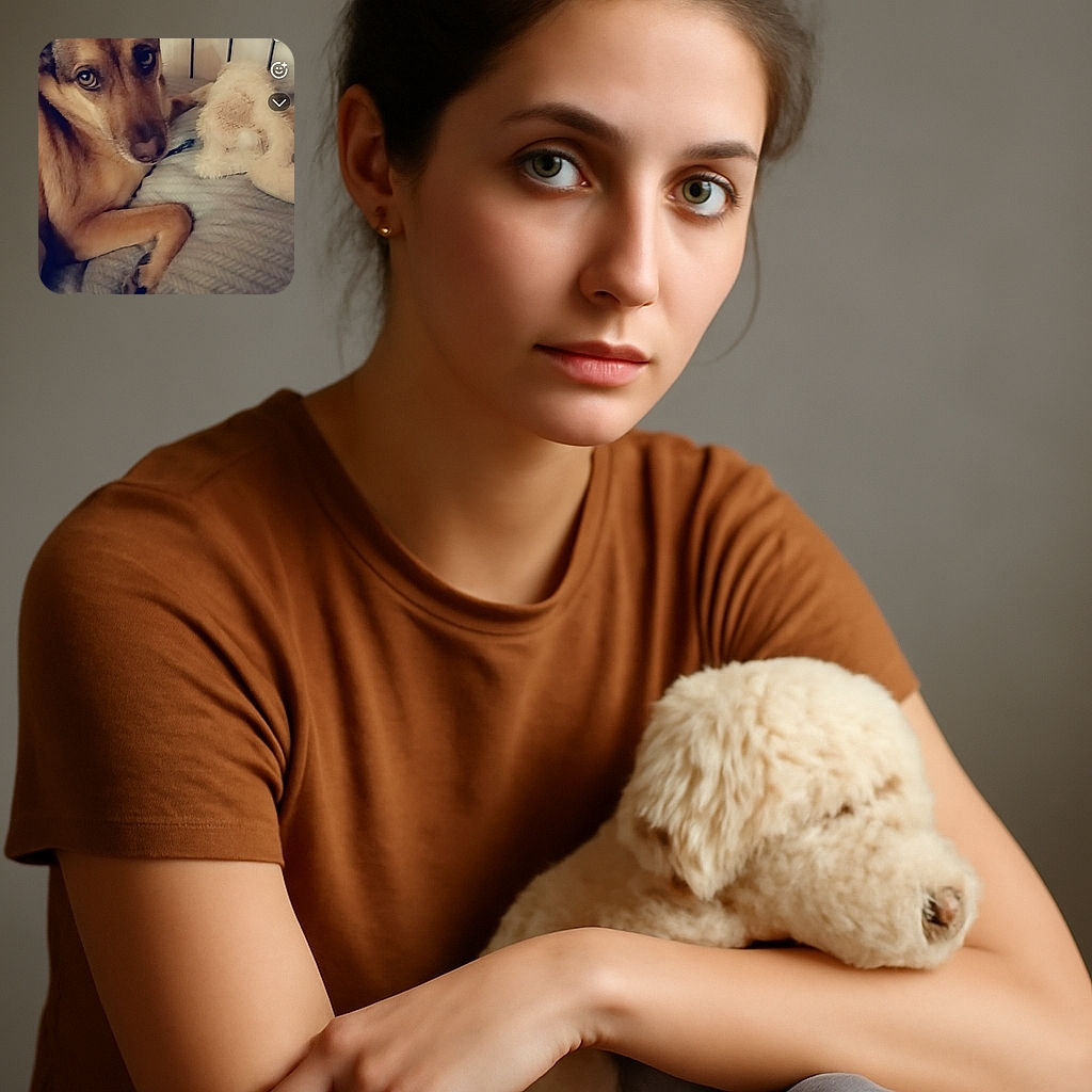 A cozy photo of a dog lying on a bed next to a fluffy stuffed animal, with the dog giving a soulful look to the camera. The photo includes phone UI elements and a music track overlay at the top, adding a casual, candid vibe.