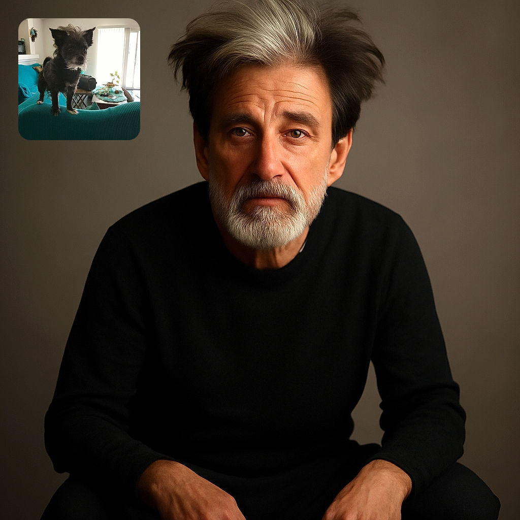 A scruffy little black dog with a white beard stands confidently on the back of a teal couch, looking curiously off-camera. The cozy living room features a bright window, a table with a peacock decoration, and various homey touches.