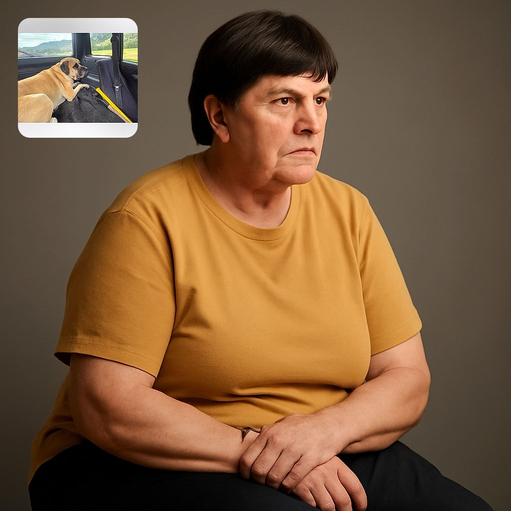 A large dog with a tan coat lounges comfortably in the backseat of a vehicle, gazing out the window at a scenic view of hills and greenery. The interior of the car shows a seatbelt and a yellow-handled tool, giving a casual road trip vibe.