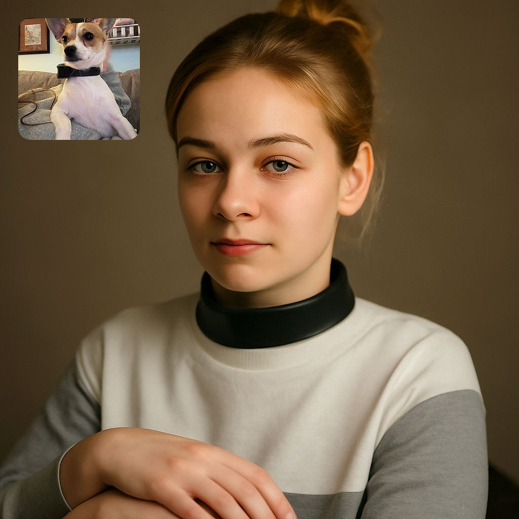 A small dog with large ears and a black collar is perched on a cozy gray blanket, looking alert and curious. The background shows a homey setting with framed pictures and a vase of greenery, creating a warm and inviting atmosphere.
