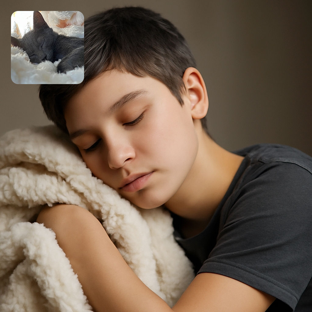 A cozy gray cat is peacefully snoozing on a fluffy white blanket, basking in soft natural light that makes the scene feel warm and tranquil.