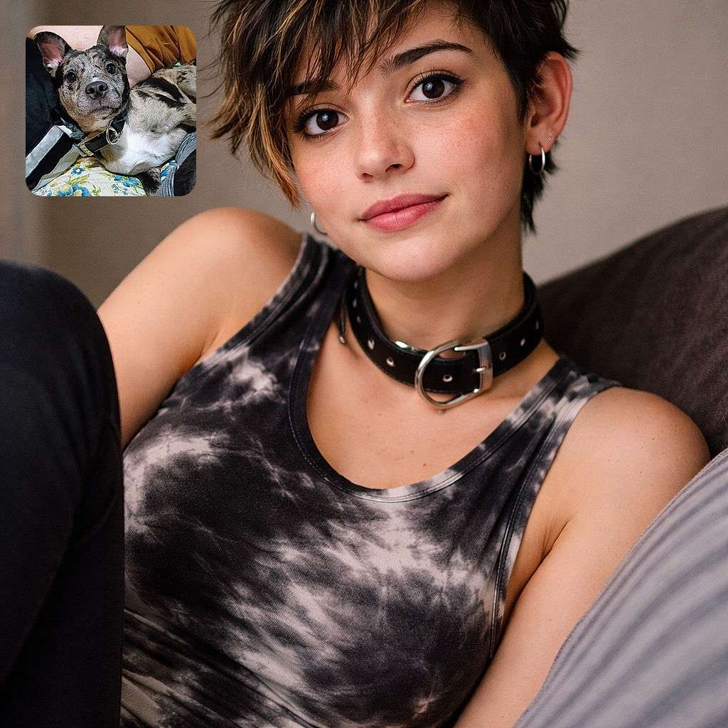 A curious dog with a speckled coat lounges comfortably on a floral bedspread, gazing intently at the camera with big, soulful eyes and ears perked up like it's ready for an adventure or a treat.