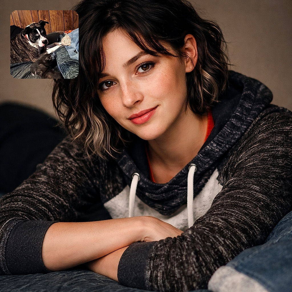 A cozy scene featuring a brindle dog with a red collar lounging on a quilted bedspread, eyeing two fuzzy black kittens playfully interacting nearby. The rustic wood paneling in the background adds a warm, homey vibe.
