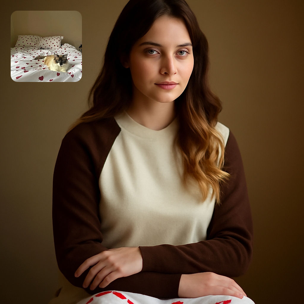 A fluffy cat with striking blue eyes lounges regally on a bed adorned with white sheets covered in red hearts, blending love and laziness in perfect harmony against a plain beige wall.