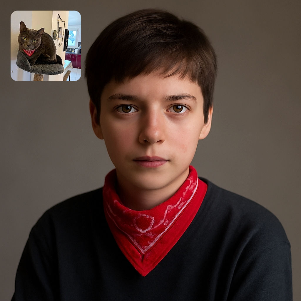 A charming gray cat sporting a bright red bandana sits comfortably on a plush cat perch, gazing curiously at the camera with its striking yellow eyes. The cozy indoor setting includes a kitchen in the background, adding a homey touch to this candid feline portrait.