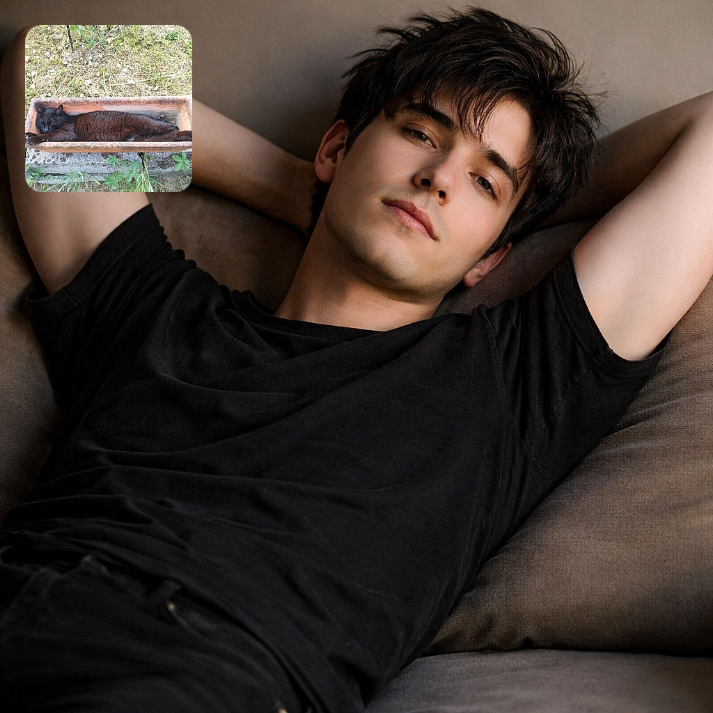 A black cat is cozily stretched out inside a narrow rectangular planter outdoors, blending in with the earthy tones and surrounded by grass and small plants, perfectly demonstrating the art of fitting into unexpected spots for a nap.