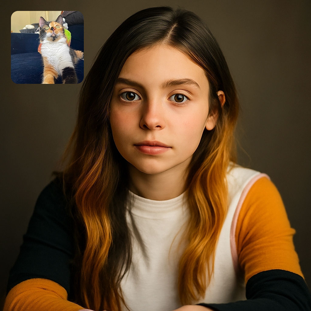A charming calico cat stretches out on a dark blue couch, eyes wide with curiosity, as if spotting a flying treat just out of frame. The background shows a cozy room with a cat tree and soft furnishings, making it a perfect snapshot of feline contentment.